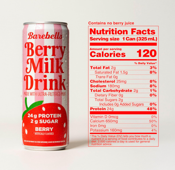 Barebells Milk Drink Berry nutrition facts label showing protein content and ingredients