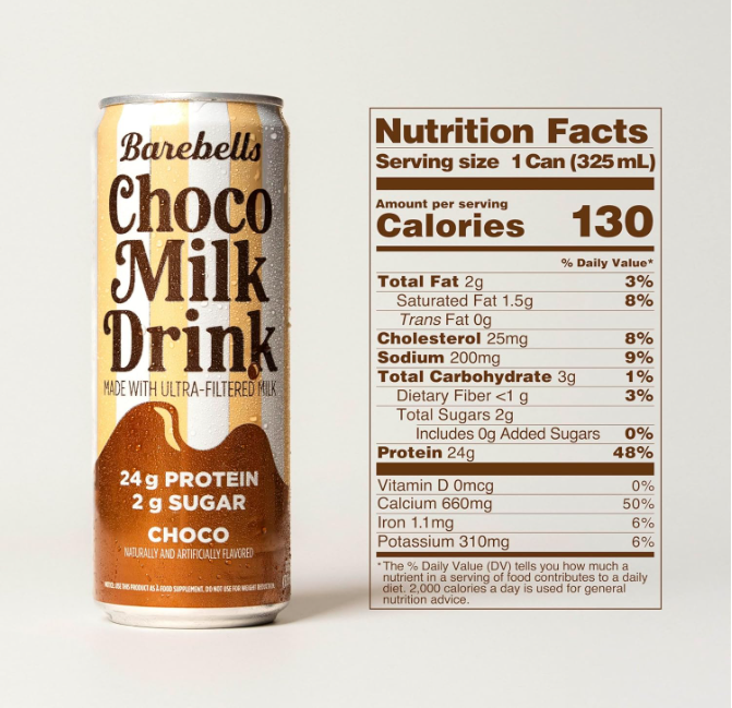 Barebells Chocolate Milk Drink RTD supplement label with nutrition facts and ingredients