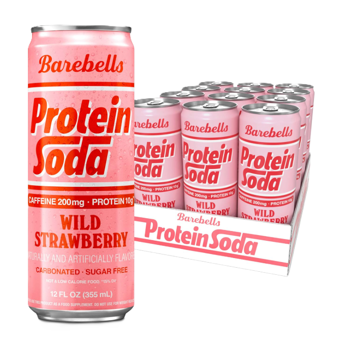 Barebells Protein Soda RTD 12-pack carbonated protein beverage cans Wild Strawberry