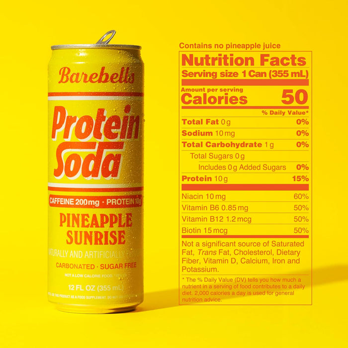 Barebells Protein Soda RTD nutrition facts and protein information panel Pineapple Sunrise