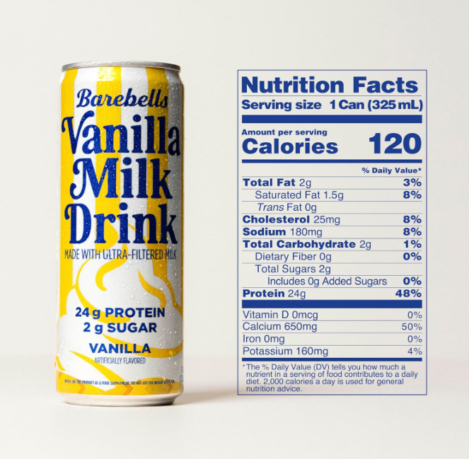 Barebells Vanilla Milk Drink RTD nutrition label showing protein and ingredient details
