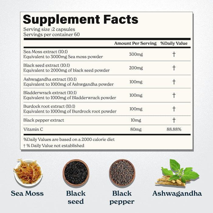 BetterAlt 6-in-1 Sea Moss, Black Seed Oil, Ashwagandha, Burdock Root & Bladderwrack Supplement Facts 120 Capsules 
