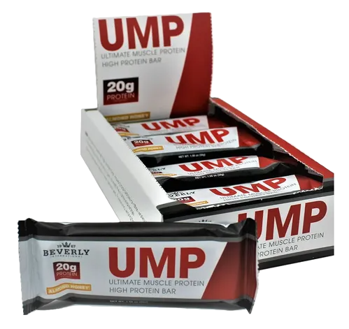 Beverly International UMP Protein Bar Almond Honey 12-count box with individually wrapped protein bars.