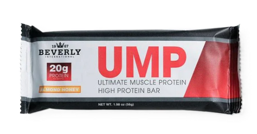 Beverly International UMP Protein Bar Almond Honey single protein bar wrapper.