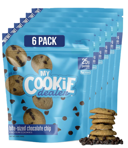 My Cookie Dealer Crunchy Bite-Sized Protein Cookies Chocolate Chip front of bag 6 pack