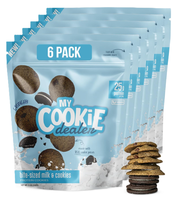 My Cookie Dealer Crunchy Bite-Sized Protein Milk & Cookies front of bag 6 pack