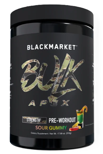 BlackMarket Labs BULK APEX Pre-Workout Sour Gummy flavor, 20 servings, high-stimulant formula for strength, energy, and endurance.
