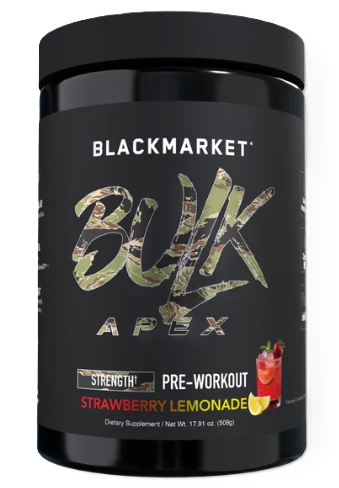 BlackMarket Labs BULK APEX Pre-Workout Strawberry Lemonade flavor, 20 servings, featuring creatine and performance-focused ingredients.