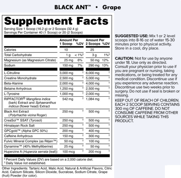 Back label of DAS Labs Black Ant Pre-Workout Grape  displaying the Supplement Facts panel, ingredient list, suggested use, warnings, and manufacturer information.