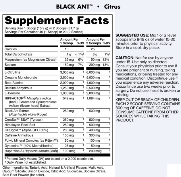 Back label of DAS Labs Black Ant Pre-Workout Citrus Flavor displaying the Supplement Facts panel, ingredient list, suggested use, warnings, and manufacturer information.