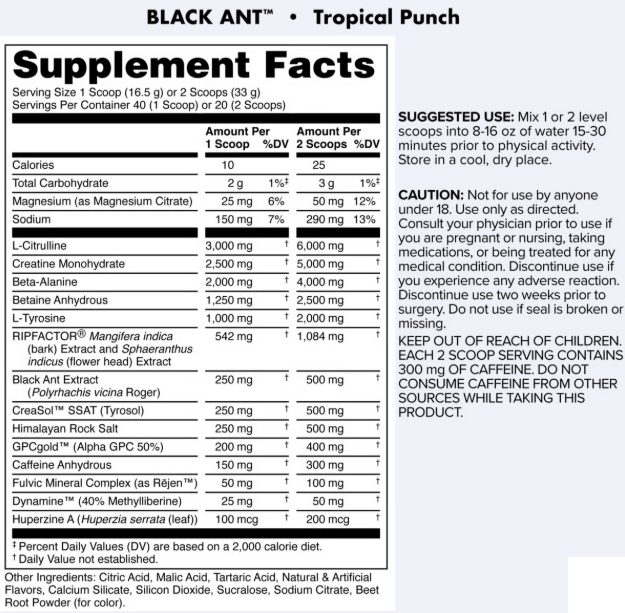 Back label of DAS Labs Black Ant Pre-Workout Tropical Punch displaying the Supplement Facts panel, ingredient list, suggested use, warnings, and manufacturer information.