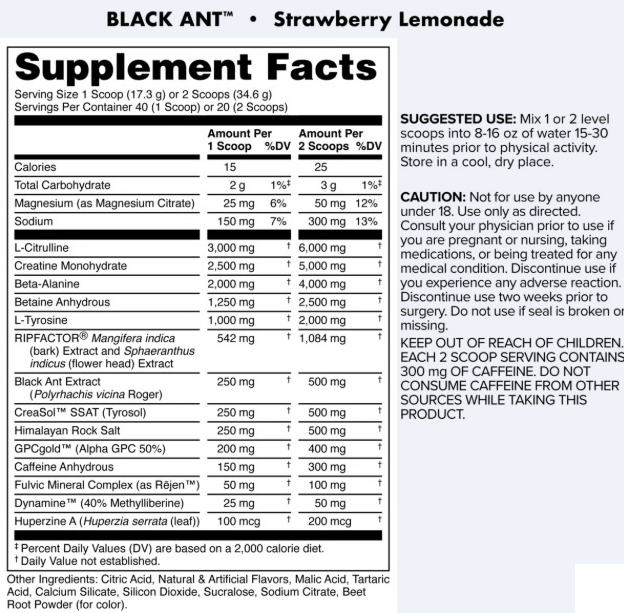 Back label of DAS Labs Black Ant Pre-Workout Strawberry Lemonade displaying the Supplement Facts panel, ingredient list, suggested use, warnings, and manufacturer information.