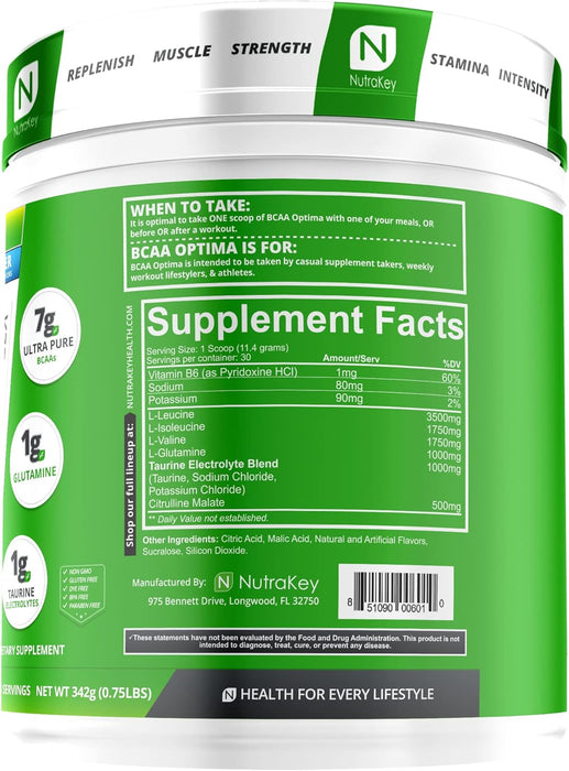 NutraKey BCAA Optima Supplement Facts, Ingredients, and Directions Label