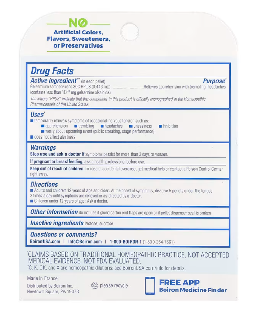 Boiron Gelsemium supplement facts and directions label