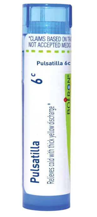 Boiron Pulsatilla 6C homeopathic medicine tube with blue and white packaging, approx 80 meltaway pellets