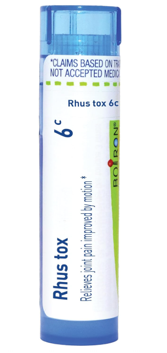 Boiron Rhus Tox 6C homeopathic medicine tube with blue and white packaging, approx 80 meltaway pellets