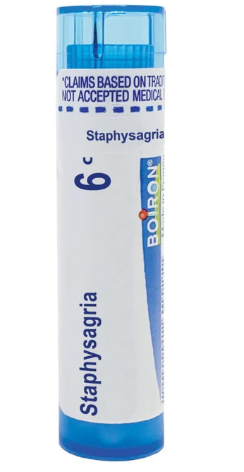 Boiron Staphysagria 6C homeopathic medicine tube with blue and white packaging, approx 80 meltaway pellets