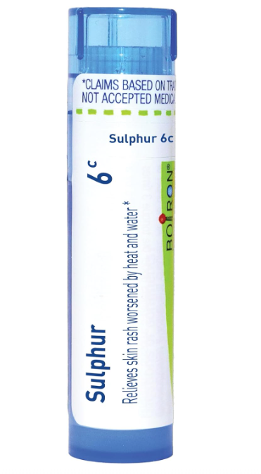 Boiron Sulphur 6C homeopathic medicine tube with blue and white packaging, approx 80 meltaway pellets