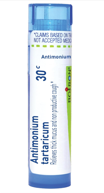 Boiron Antimonium Tartaricum 30C homeopathic pellets for cough and mucus relief – approx 80 pellets