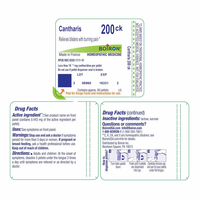 Back label of Boiron Cantharis 200CK with drug facts, dilution strength, and directions for use