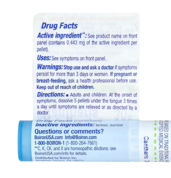 Back label of Boiron Cantharis 30C showing directions, ingredients, and drug facts panel