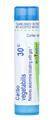 Boiron Carbo Vegetabilis 30c Bloat & Gas Relief meltaway pellets front bottle label
