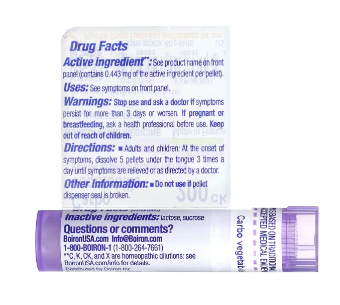 Boiron Carbo Vegetabilis 200ck homeopathic medicine supplement facts and directions panel
