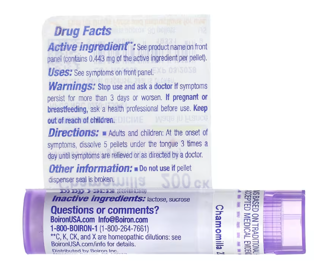 Boiron, Chamomilla, 200ck, Teething & Irritability Facts Panel
