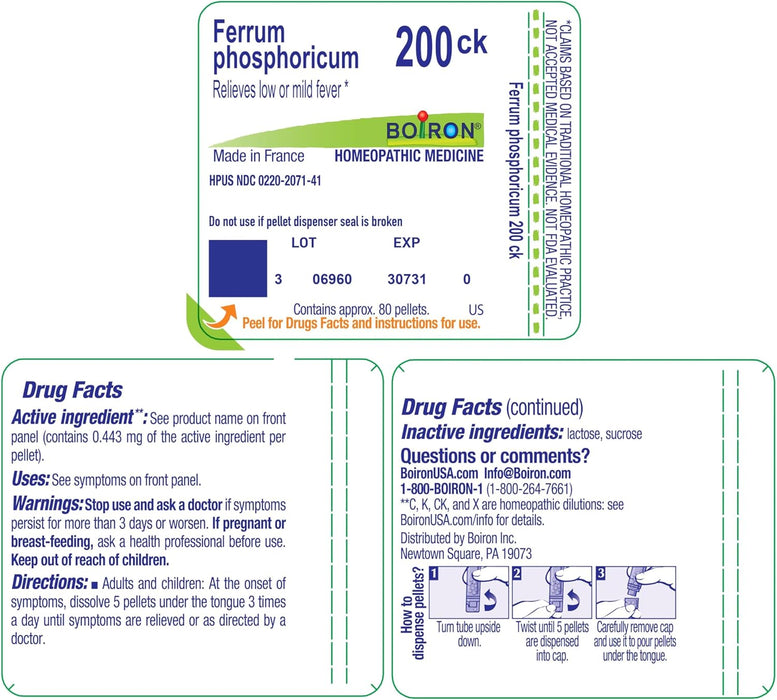 Boiron Ferrum Phosphoricum 200Ck Homeopathic Medicine for Fever - 80 Pellet Back Facts 