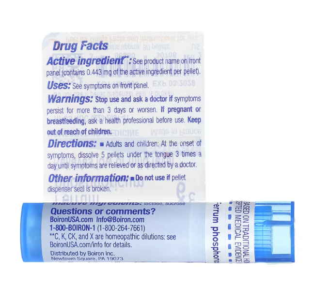 Boiron Ferrum Phosphoricum 6c supplement facts and directions label