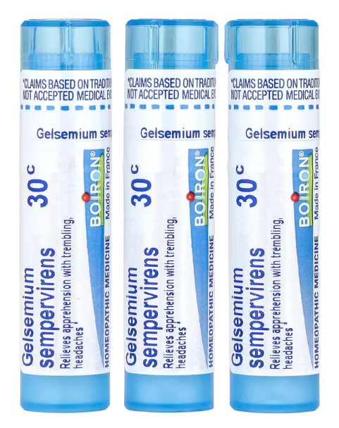 Three Pack of Boiron Gelsemium homeopathic pellets for fever and nervous tension relief