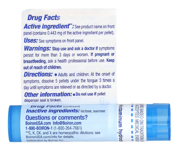 Boiron Histaminum Hydrochloricum 6C supplement facts and directions label