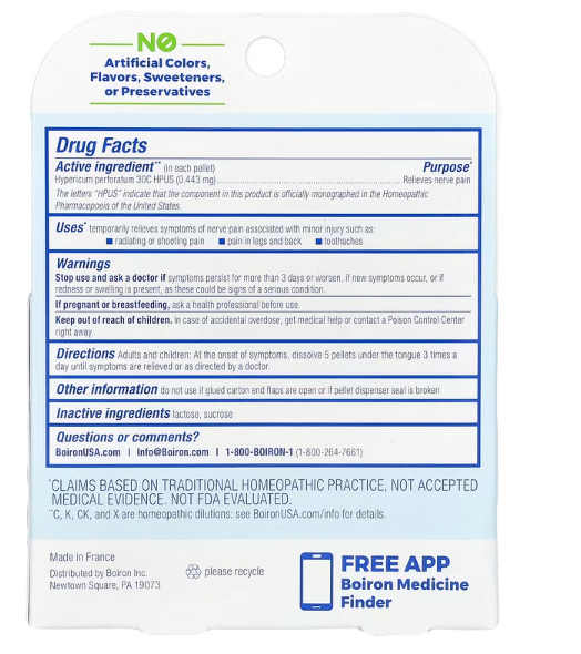Boiron Hypericum Perforatum 30C three pack supplement facts label