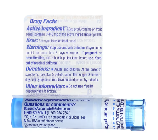 Boiron Hypericum Perforatum 6C supplement facts and directions label