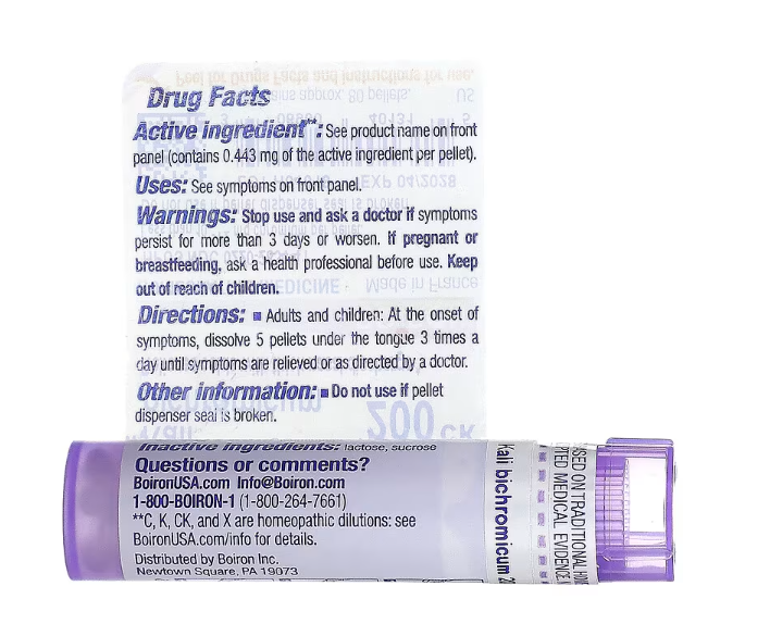 Rear label of Boiron Kali Bichromicum 200CK showing ingredient dilution, directions for use, and safety information