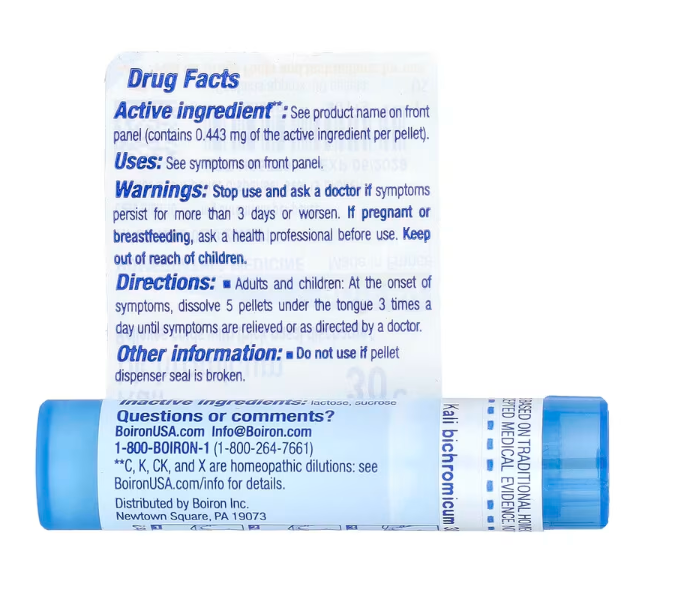 Back of Boiron Kali Bichromicum 30C tube displaying active ingredient dilution, directions, and warnings