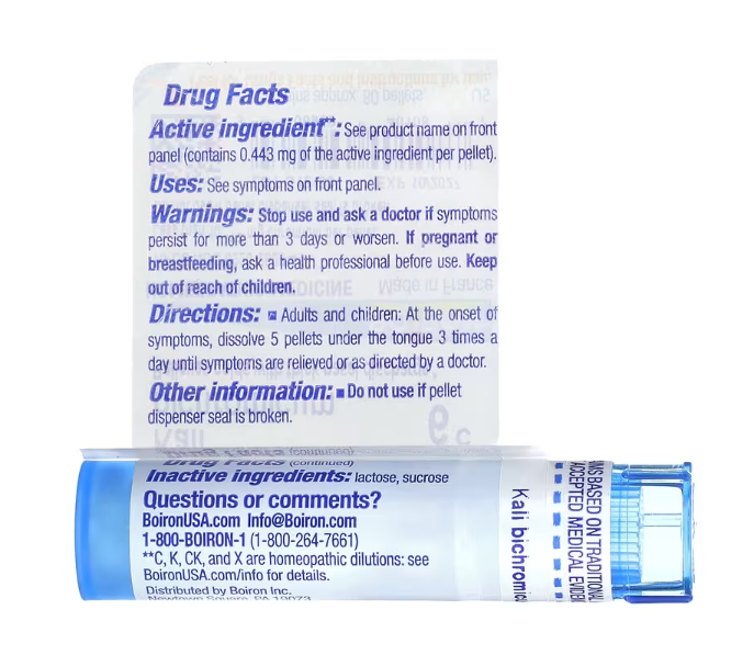 Back label of Boiron Kali Bichromicum 6C showing supplement facts, directions, and ingredient information