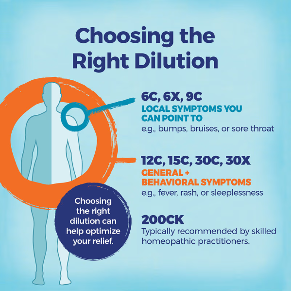 Boiron homeopathic chart titled Choosing the Right Dilution explaining differences between 6C, 12C, 30C, and 200CK potencies, with guidance for local symptoms, general symptoms, and practitioner recommended use.
