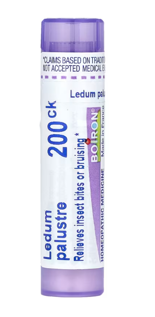 Boiron Ledum Palustre homeopathic medicine tube for bug bite relief, approx 80 meltaway pellets 200ck