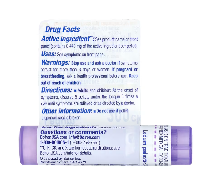 Back label of Boiron Ledum Palustre 200ck showing active ingredient dilution, directions for use, and safety information