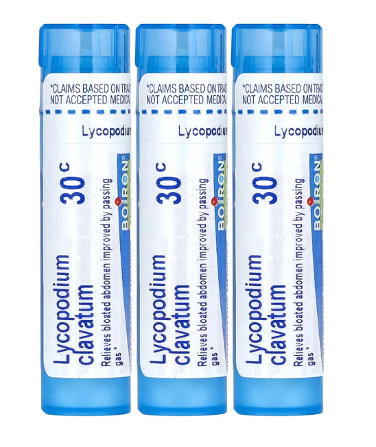Three-pack of Boiron Lycopodium homeopathic digestive support pellets