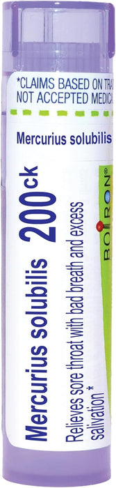Boiron Mercurius Solubilis 200ck homeopathic medicine tube, approx 80 meltaway pellets for throat support