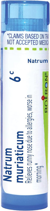 Boiron Natrum Muriaticum 6C homeopathic medicine tube, orange and white packaging with approx 80 meltaway pellets