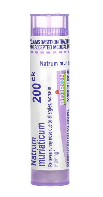 Boiron Natrum Muriaticum 200CK homeopathic medicine tube, orange and white packaging with approx 80 pellets