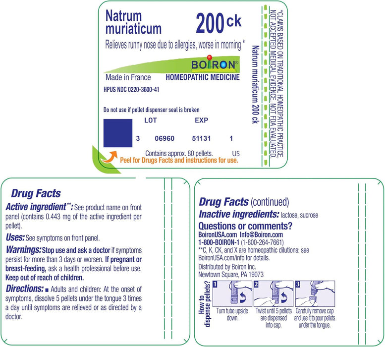 Back of Boiron Natrum Muriaticum 200CK showing active ingredient dilution, directions for use, and warnings