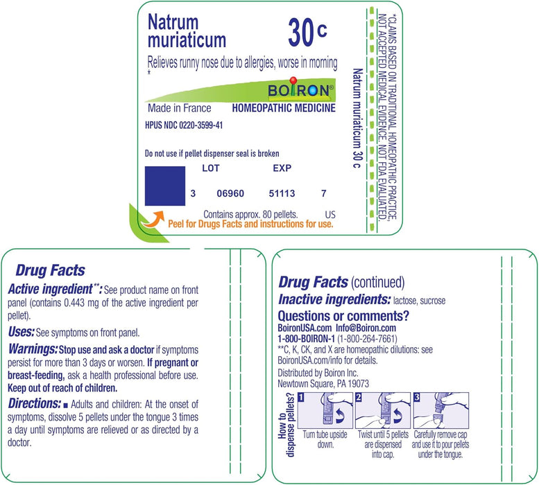 Rear label of Boiron Natrum Muriaticum 30C displaying ingredient dilution, directions, and safety information