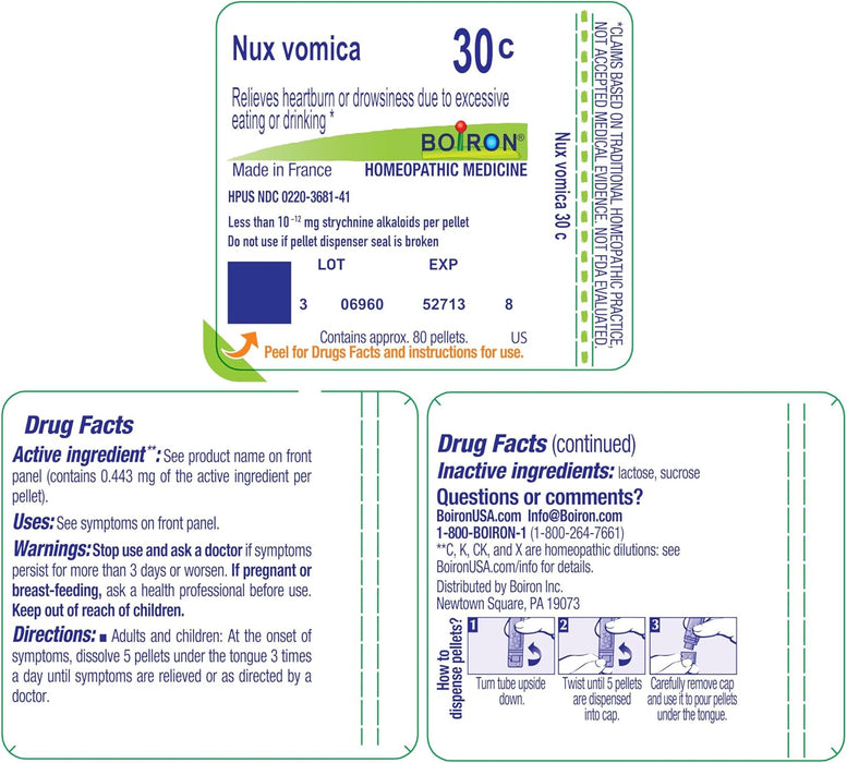 Rear label of Boiron Nux Vomica 30C displaying ingredient dilution, directions, and safety information