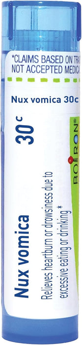 Boiron Nux Vomica 30C homeopathic medicine tube, orange and white label with approx 80 pellets
