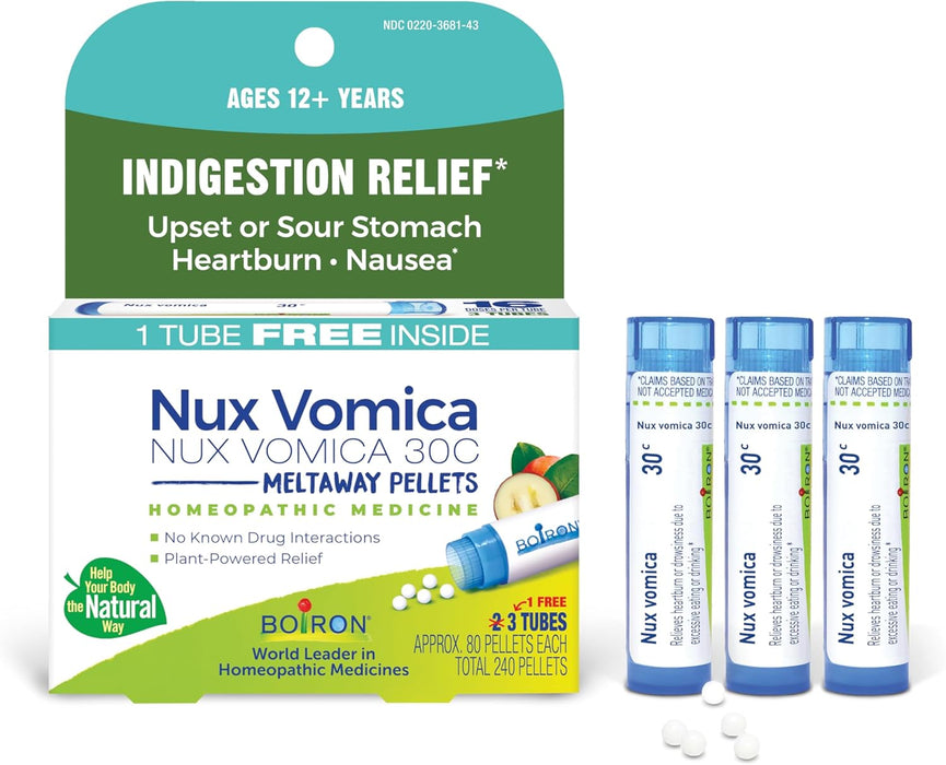 Three-pack of Boiron Nux Vomica homeopathic digestive relief pellets