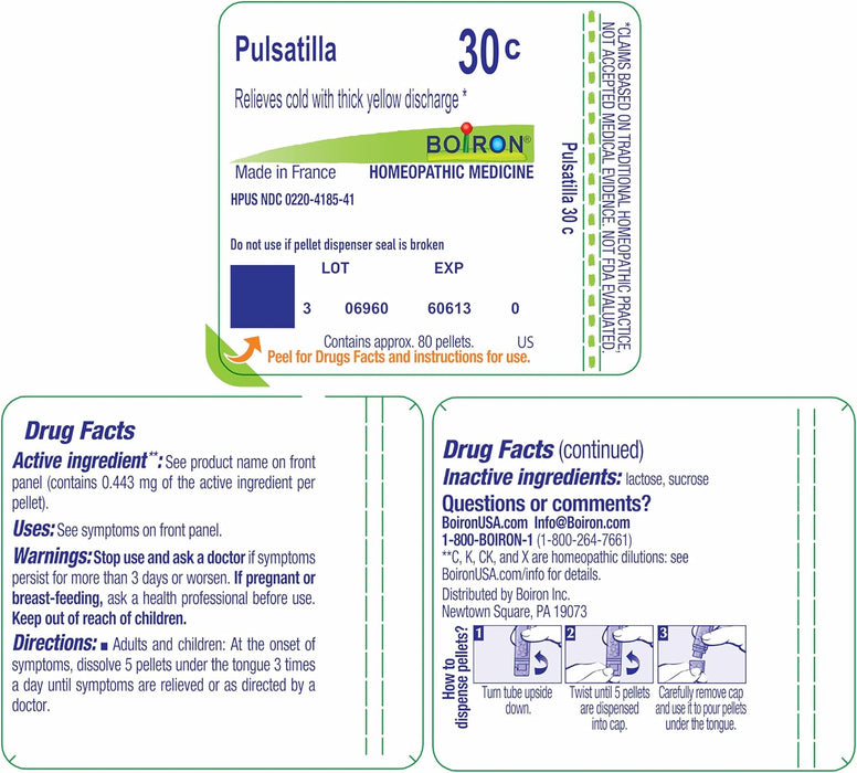 Rear label of Boiron Pulsatilla 30C displaying ingredient dilution, dosage instructions, and safety information